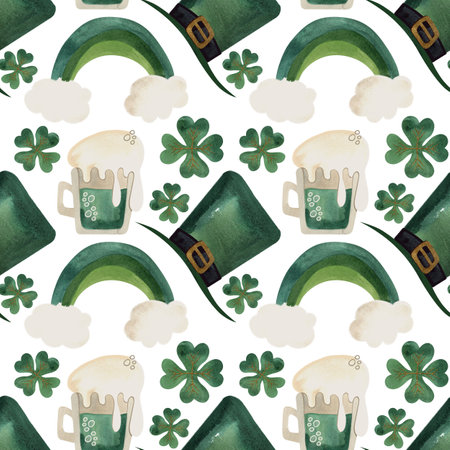Seamless pattern with symbols of Ireland. Wrapping paper for St. Patrick's Day. Watercolor in vintage style on a white backgroundの写真素材