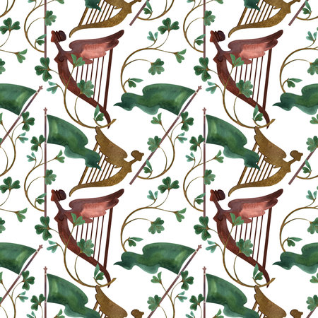 Seamless pattern with symbols of Ireland. Wrapping paper for St. Patrick's Day. Watercolor in vintage style on a white backgroundの写真素材