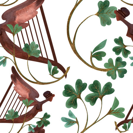 Seamless pattern with symbols of Ireland. Wrapping paper for St. Patrick's Day. Watercolor in vintage style on a white backgroundの写真素材
