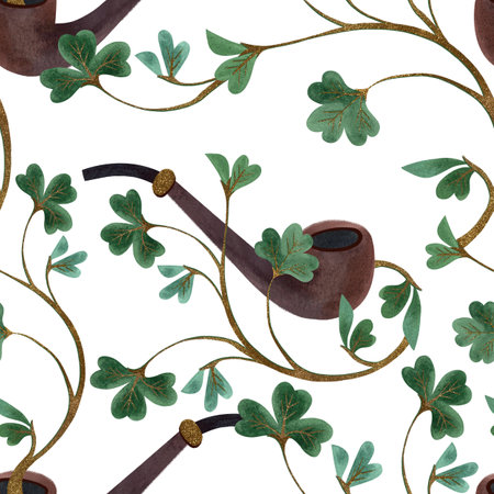 Seamless pattern with symbols of Ireland. Wrapping paper for St. Patrick's Day. Watercolor in vintage style on a white backgroundの写真素材