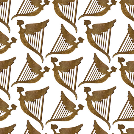 Golden Celtic harp with a female silhouette. Seamless pattern with symbols of Ireland. Wrapping paper for St. Patrick's Day. Watercolor in vintage style on a white backgroundの写真素材