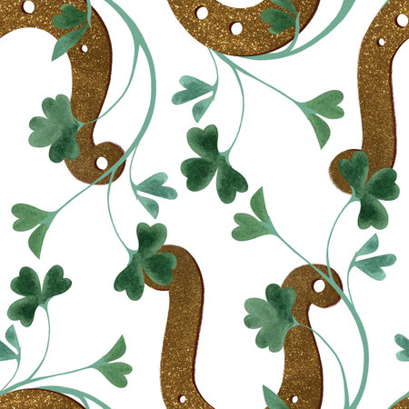 Seamless pattern with symbols of Ireland. Wrapping paper for St. Patrick's Day. Watercolor in vintage style on a white backgroundの写真素材