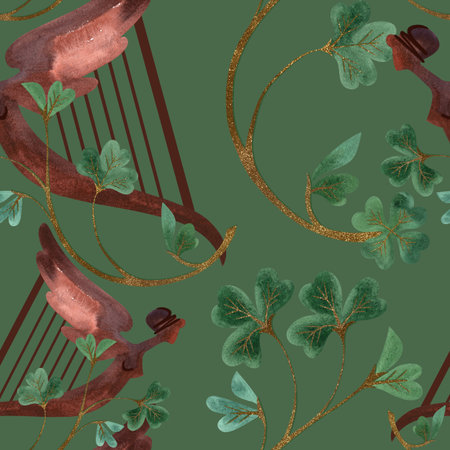 Seamless pattern with symbols of Ireland. Wrapping paper for St. Patrick's Day. Watercolor in vintage style on a green backgroundの写真素材