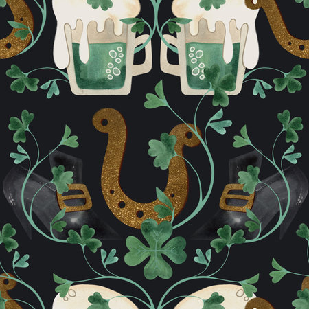 Seamless pattern with symbols of Ireland. Wrapping paper for St. Patrick's Day. Watercolor in vintage style on a black backgroundの写真素材