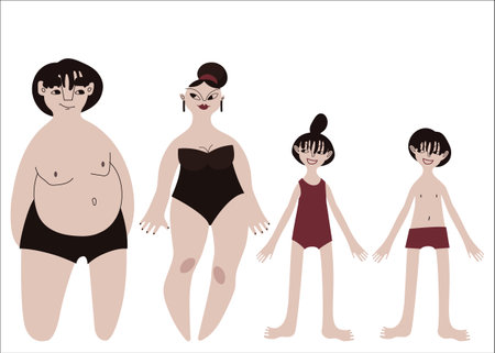 Flat Asian family: man, woman and kids in underwear portraits of different shapes and sizes vector illustration set. Pale skin people with black hair in cartoon style for multinational and diversity designsのイラスト素材