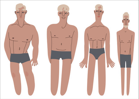 Flat Caucasians men in underwear portraits of different shapes and sizes vector illustration set. Tanned skin people with blond hair in cartoon style for multinational and diversity designsのイラスト素材
