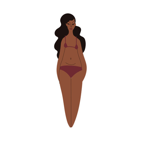 Flat Latino woman in underwear. Brown skin person with black hair in cartoon style for multinational and diversity designs. Vector illustration.のイラスト素材