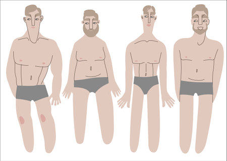 Flat Nordic men in underwear portraits of different shapes and sizes vector illustration set. Pale skin people with blond hair in cartoon style for multinational and diversity designsのイラスト素材