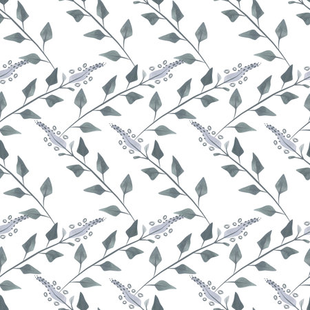 Flowering twigs and leaves of mint or lemon balm in a dusty green color in sketch style. Seamless watercolor pattern for fabric, wallpaper, wrapping paper, packaging cosmetics, tablecloths, curtains and home textiles.の写真素材