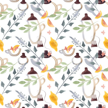 Herb tea. Melissa, mint, glassware, leaves and lemon slices. Seamless watercolor pattern for fabric, wallpaper, wrapping paper, packaging cosmetics, tablecloths, curtains and home textiles.の写真素材