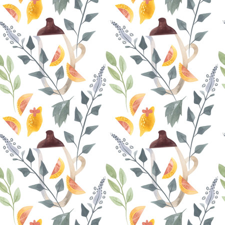 Herb tea. Melissa, mint, glassware, leaves and lemon slices. Seamless watercolor pattern for fabric, wallpaper, wrapping paper, packaging cosmetics, tablecloths, curtains and home textiles.の写真素材