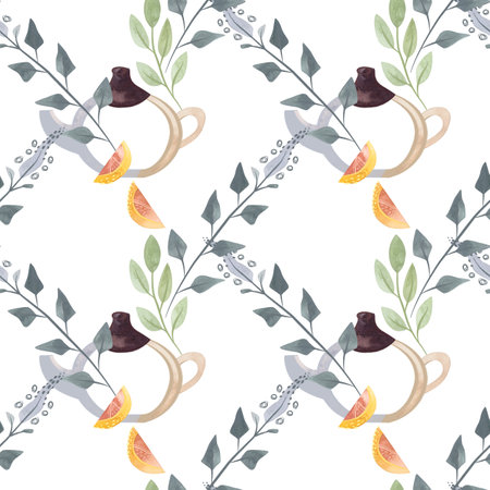 Herb tea. Melissa, mint, glassware, leaves and lemon slices. Seamless watercolor pattern for fabric, wallpaper, wrapping paper, packaging cosmetics, tablecloths, curtains and home textiles.の写真素材