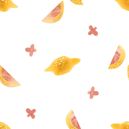 Lemons, lemon slices and pink lemon flowers. Seamless watercolor pattern for fabric, wallpaper, wrapping paper, packaging cosmetics, tablecloths, curtains and home textiles.の写真素材