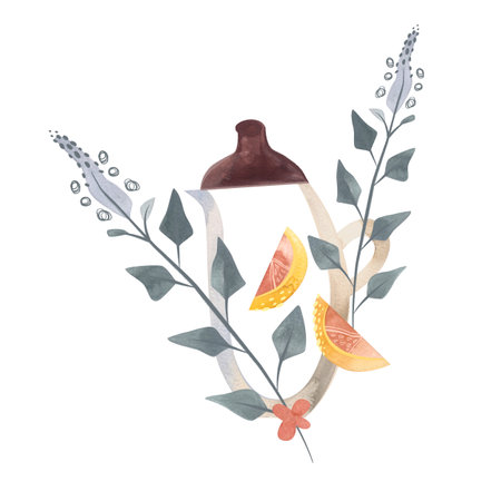 Herbal tea: glassware, teapot, cup and green plant branches, flowers and lemon. Illustration for design of packaging of tea, sweets, cosmetics. Clipart.の写真素材