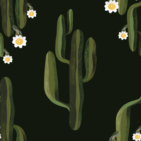 Blooming saguaro cactus. Seamless watercolor pattern for wrapping paper, wallpaper and textiles.の写真素材
