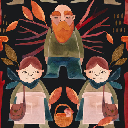 Seamless pattern with magic gnomes, orange autumn leaves, berries, twigs and baskets on a black background. Pattern for wrapping paper, home and seasonal textiles, curtains, tablecloths, kitchen and nursery decoration.の写真素材