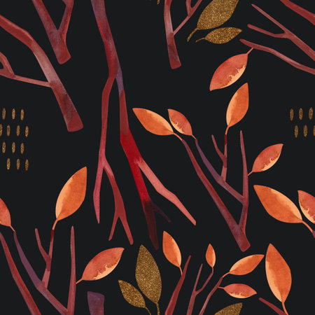 Seamless pattern with autumn leaves, berries, twigs and baskets on a black background. Pattern for wrapping paper, home and seasonal textiles, curtains, tablecloths, kitchen and nursery decoration.の写真素材