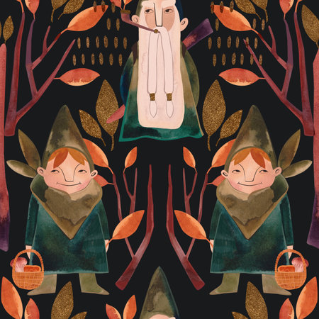 Seamless pattern with magic gnomes, orange autumn leaves, berries, twigs and baskets on a black background. Pattern for wrapping paper, home and seasonal textiles, curtains, tablecloths, kitchen and nursery decoration.の写真素材