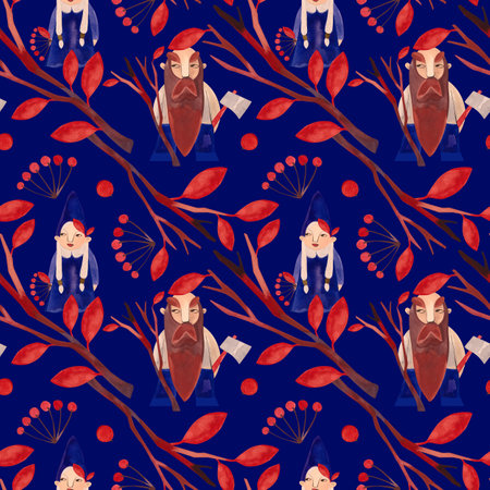 Autumn gnomes. Watercolor seamless pattern for fabrics, home textiles, clothes and wrapping paper. Fairytale vintage style. Dark blue background.の写真素材