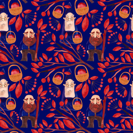 Autumn gnomes. Watercolor seamless pattern for fabrics, home textiles, clothes and wrapping paper. Fairytale vintage style. Dark blue background.の写真素材