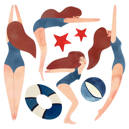 Set of athletes: swimmers and divers. Women in blue swimsuits with brown hair. Striped beach ball and lifebuoy. Vintage style. Watercolor isolated illustration for the design of diplomas and sports certificates, advertising of swimming pools, competitions and resorts.の写真素材