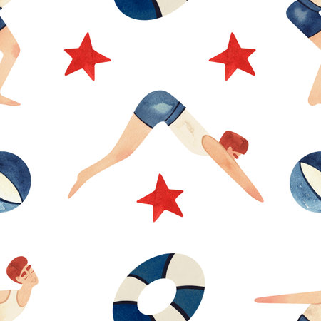 An athlete - a man in a white T-shirt and blue swimming trunks jumps into the water, surrounded by life preservers and starfish. Seamless watercolor pattern, hand drawn. Vintage style. White background.の写真素材