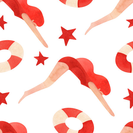 Womens diving. Vintage style. Seamless watercolor pattern, hand drawn. White background.の写真素材