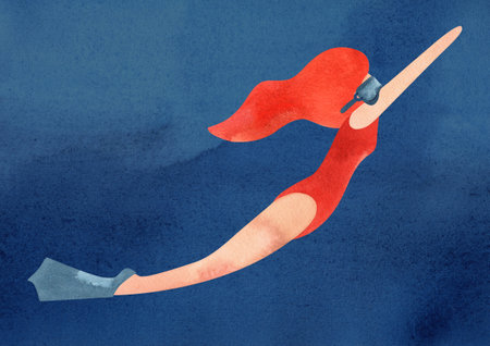 A woman swims underwater in fins and a mask. Watercolor illustration. Template for a postcard or poster in A3 format for the design of a swimming pool, resort, sports competition.の写真素材