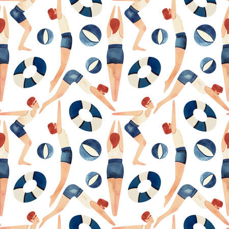 Seamless pattern with floating men in vintage style. Swimming. Watercolor illustration on white backgroundの写真素材