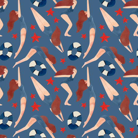 Seamless pattern with floating women in vintage style. Swimming. Watercolor illustration on blue backgroundの写真素材