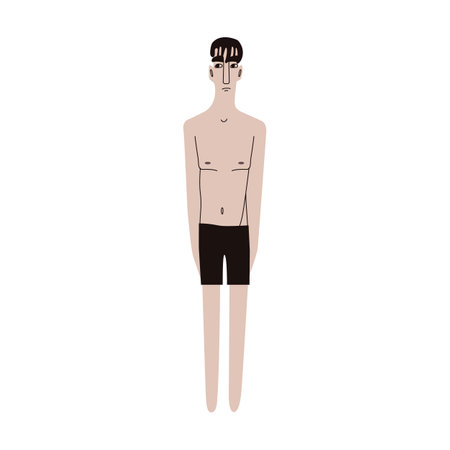 Flat Asian man in underwear. Pale skin person with blak hair in cartoon style for multinational and diversity designs. Vector illustration.のイラスト素材
