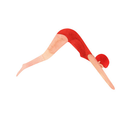 An athlete, a woman in a red swimsuit and a red cap, jumps into the water. Watercolor illustration isolated for the design of diplomas and sports certificates, advertising of swimming pools, competitions and resorts.の写真素材