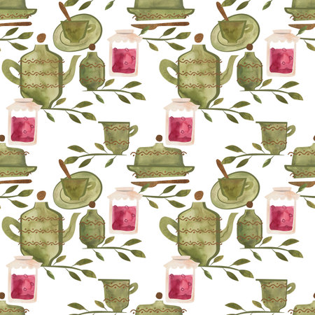 Vintage olive green porcelain service with gold painting and a jar of jam surrounded by delicate green branches with leaves and red berries. Seamless watercolor pattern on a white background for design or packaging.の写真素材