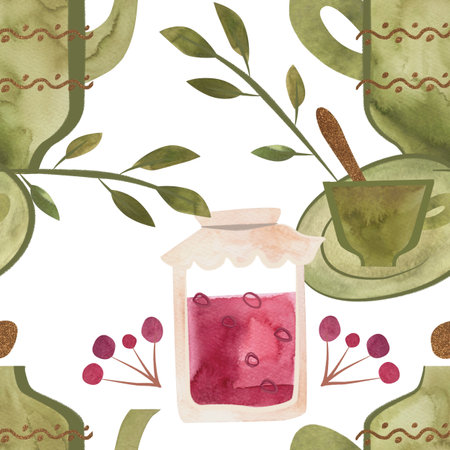 Vintage olive green porcelain service with gold painting and a jar of jam surrounded by delicate green branches with leaves and red berries. Seamless watercolor pattern on a white background for design or packaging.の写真素材