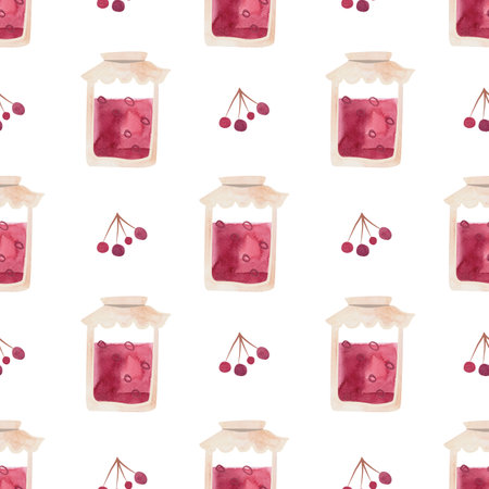 Jam, marmalade from red berries. Transparent glass jar with paper lid or tied with fabric. Vintage style. Seamless watercolor pattern on white background for tablecloth or packaging design.の写真素材