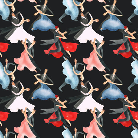 Ballroom dancing, standard. Adult couples on the parquet. Isolated watercolor illustration. Seamless pattern. Black backgroundの写真素材