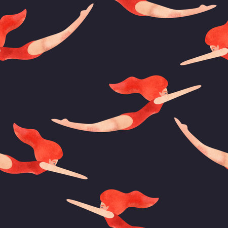 Red-haired woman in a red swimsuit swims. Seamless watercolor pattern, hand drawn. Vintage style. Black backgroundの写真素材