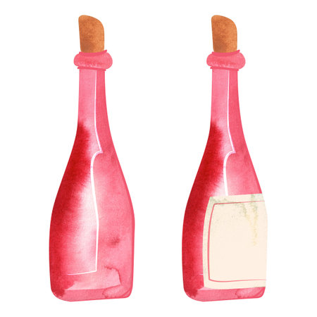 Two pink glass bottles of wine or martini. Alcohol bottle with blank label. Template. Feminine, girlish drink. Isolated watercolor illustration.の写真素材