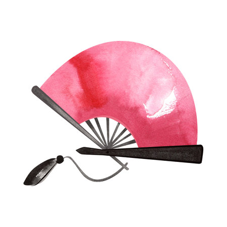 Pink paper Japanese fan with black tassel. Isolated watercolor illustration for postcard, sticker, notebook, t-shirt.の写真素材
