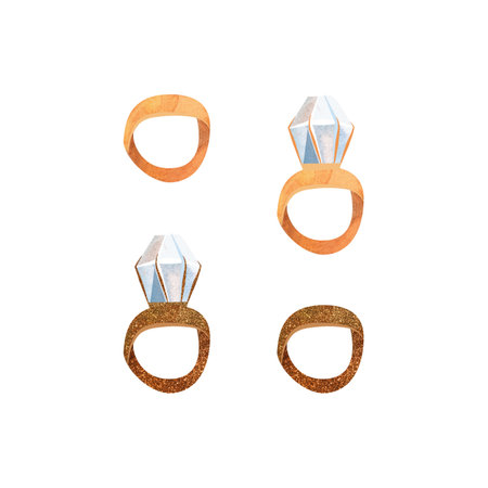 Set of gold wedding and engagement rings with diamonds for wedding decor. Clipart. Traditional marriage. Isolated watercolor illustration.の写真素材
