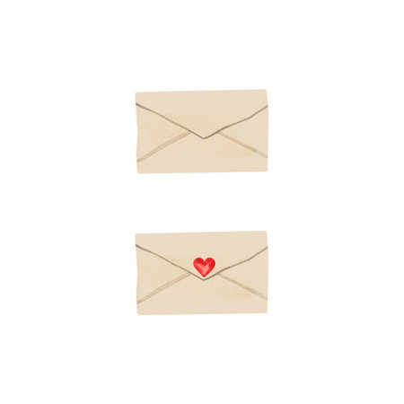Vintage paper envelope for valentine with a heart made of sealing wax. Mail. Message with a declaration of love. Isolated watercolor illustration. Clipart.の写真素材