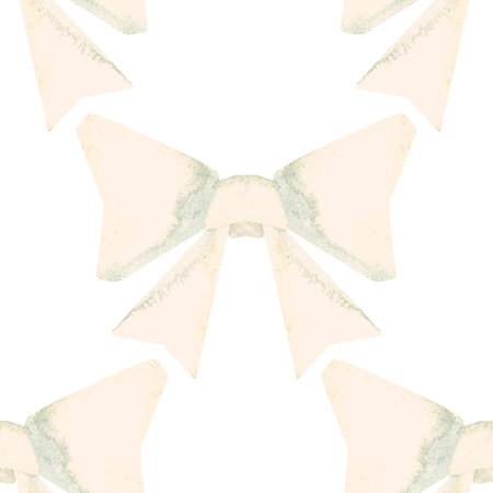 Seamless pattern of white bows. Pattern for textiles, womens dresses and blouses, wrapping paper, packaging, boxes in a feminine and romantic style. Watercolor hand drawn in vintage style.の写真素材