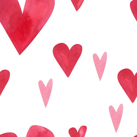 Love, passion, emotions. Seamless pattern of hand-drawn pink watercolor hearts. Sketchy illustration for Valentines Day for wrapping paper, textiles, boxes, notebooks, notepads.の写真素材
