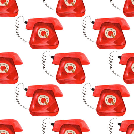 Seamless pattern with old red rotary phones from the mid-20th century. Watercolor illustration for textiles and wrapping paper.の写真素材