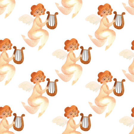 Cupids with lyres in vintage style. Watercolor seamless pattern for textiles and wrapping paper for Valentines Day 2025の写真素材
