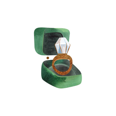 Engagement. Marriage proposal. Open box with golden ring with diamond. Bride attribute. Isolated watercolor illustration.の写真素材