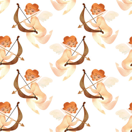 Cupid with bow and arrow in vintage style. Watercolor seamless pattern for textile and wrapping paper for Valentines Day or wedding.の写真素材