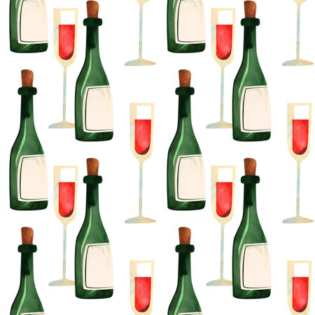 Red wine. Glasses and bottles. Seamless pattern for textiles and wrapping paper for the holiday.の写真素材