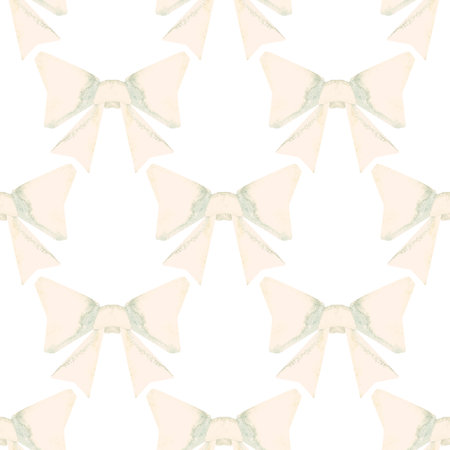 Seamless pattern of white bows. Pattern for textiles, womens dresses and blouses, wrapping paper, packaging, boxes in a feminine and romantic style. Watercolor hand drawn in vintage style.の写真素材