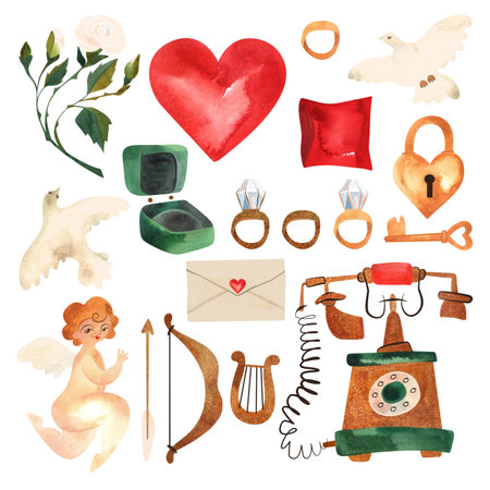 Valentines day clip art set in vintage style. Cupid, doves, letters, heart, antique telephone, rings, ring box and pillow, white rose, key and heart-shaped lock. Isolated watercolor illustration.の写真素材